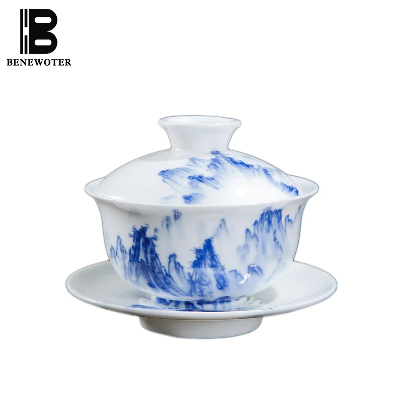 

120ml Jingdezhen Hand Painted Landscape Ceramic Gaiwan Teapot Blue and White Porcelain Teaware Kung Fu Tea Set Office Tea Bowl