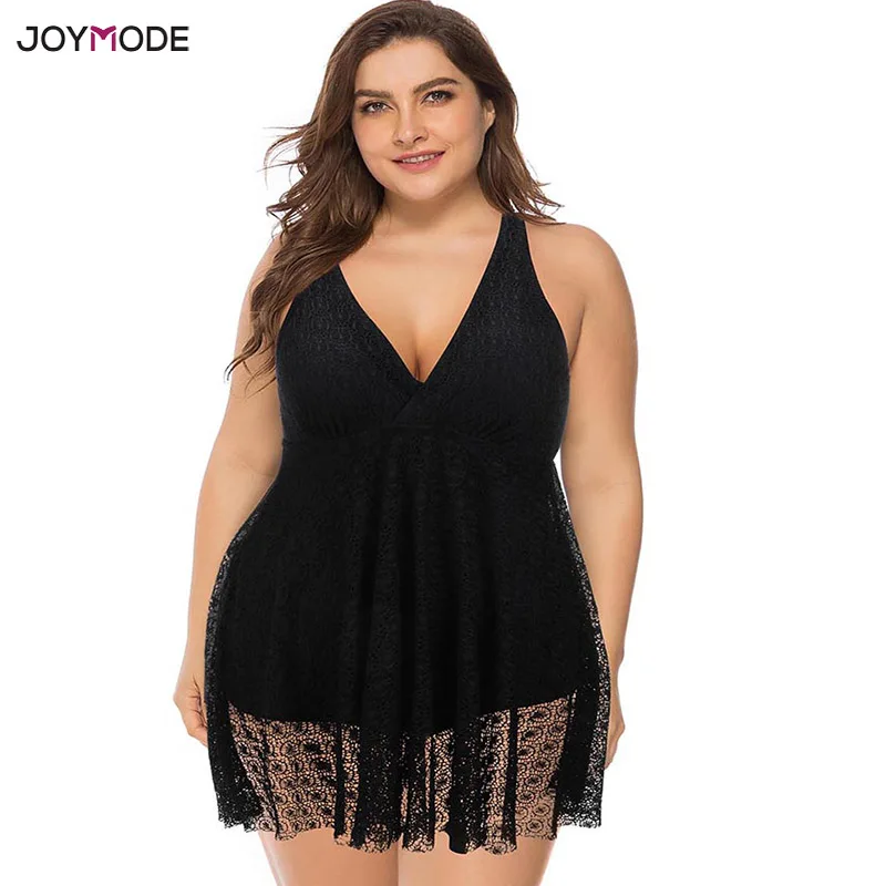 

JOYMODE Plus Size Swimwear Women Sexy Lace V-Neck Swimming Skirt Two Piece Swimsuit Padded Tankini Bathing Suit Beachwear Dress