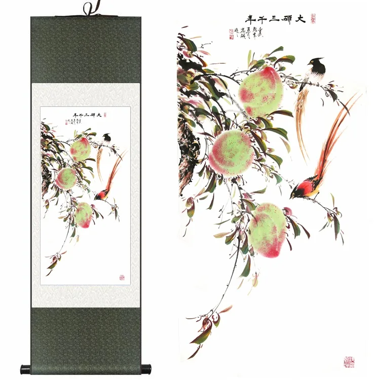 

Chinese Silk watercolor lucky birds longevity birthday peaches fruit harvest ink art canvas wall picture framed scroll painting