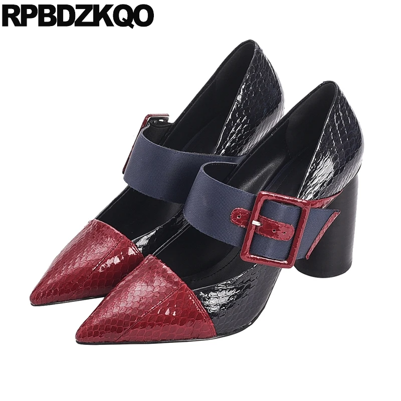 

Catwalk Snake Size 4 34 Pointed High Heels Mary Jane Multi Colored Genuine Leather Block Snakeskin Pumps Strap Janes Women Shoes