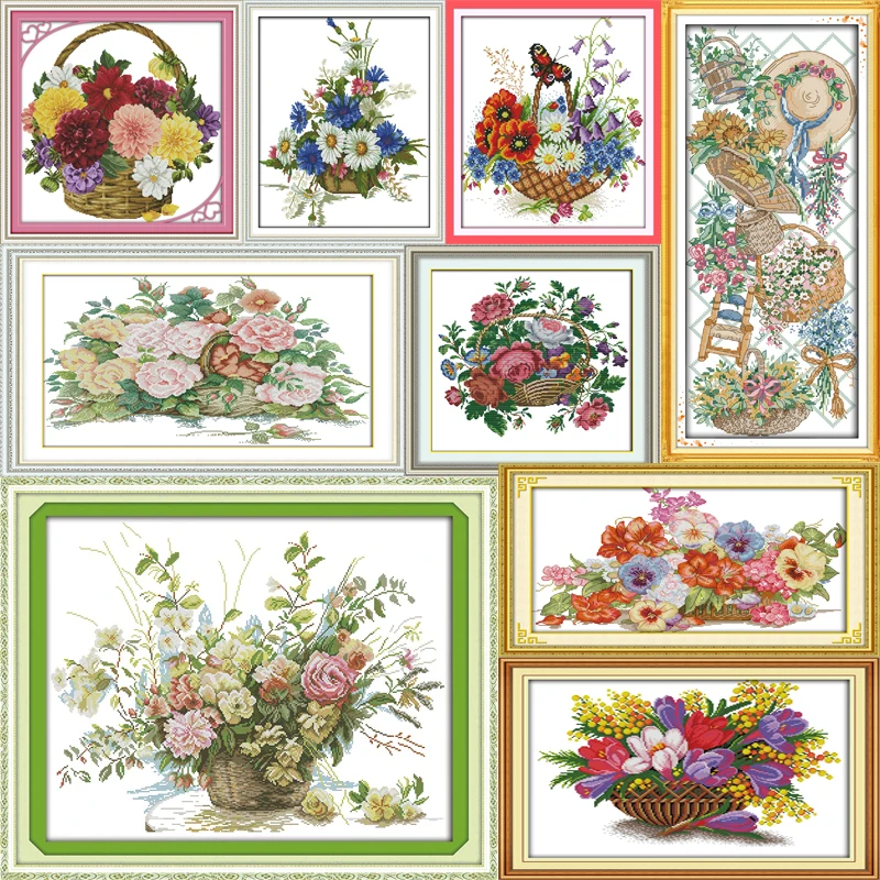 

Joy Sunday Flower Basket Series Counted DIY Hand Cross Stitch 11CT 14CT DMC Printed Cloth for Embroidery Home Decor Needlework