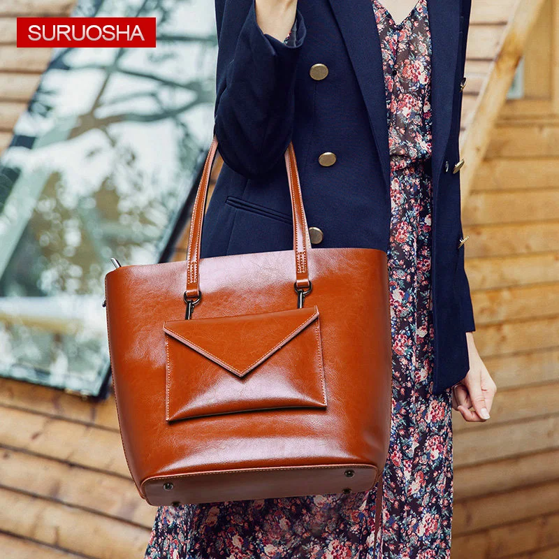 

SURUOSHA Large Tote Bags Brown European Brand Designr Quality Leather Women Handbags Roomy Big Bags Long Handle Purse Worthy
