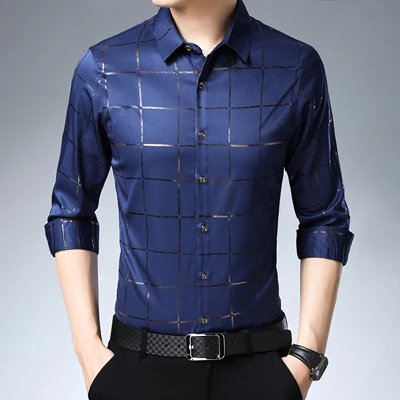MIACAWOR, Высококачественная Мужская рубашка, осень, длинный рукав, Camisa Masculina, деловые повседневные рубашки, клетчатая рубашка, мужская одежда C541 - Цвет: Тёмно-синий