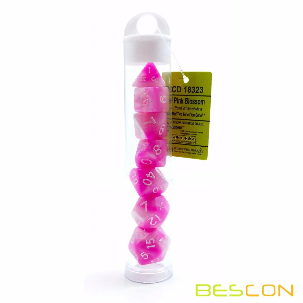 Bescon Mini Gemini Two Tone Polyhedral RPG Dice Set 10MM, Small Mini RPG Role Playing Game Dice D4-D20 in Tube, Pink Blossom