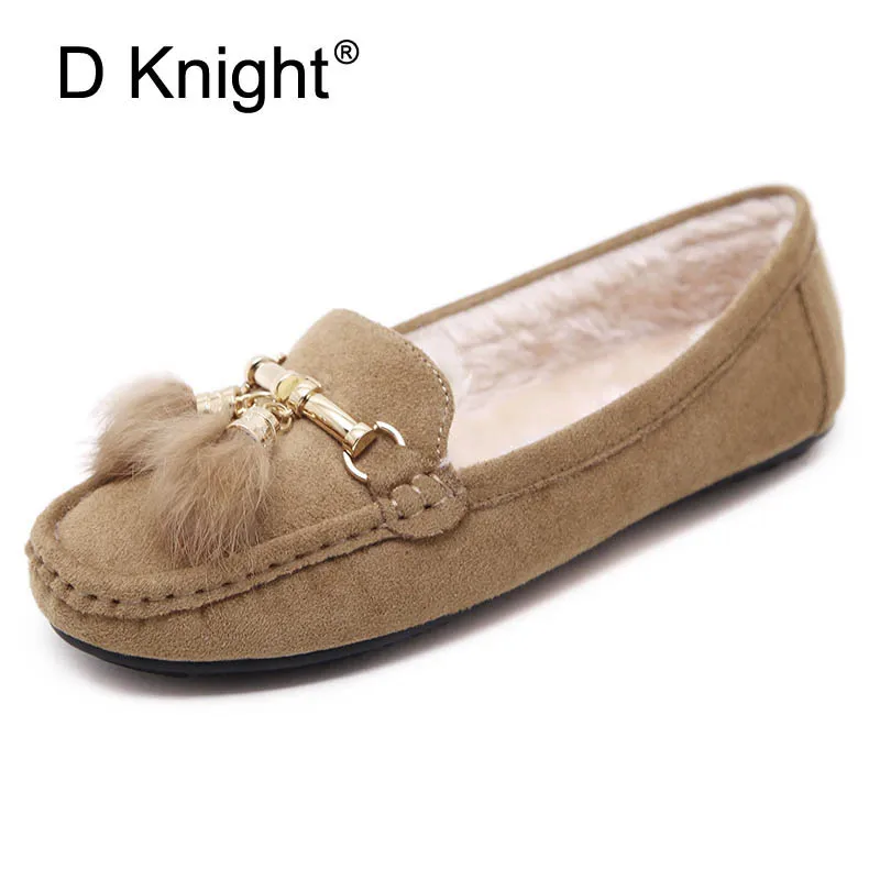 

Faux Fur Metal Decoration Woman Loafers Round Toe Mother Winter Shoes Women Warm Flats with Short Plush Women's Shoes Size 10