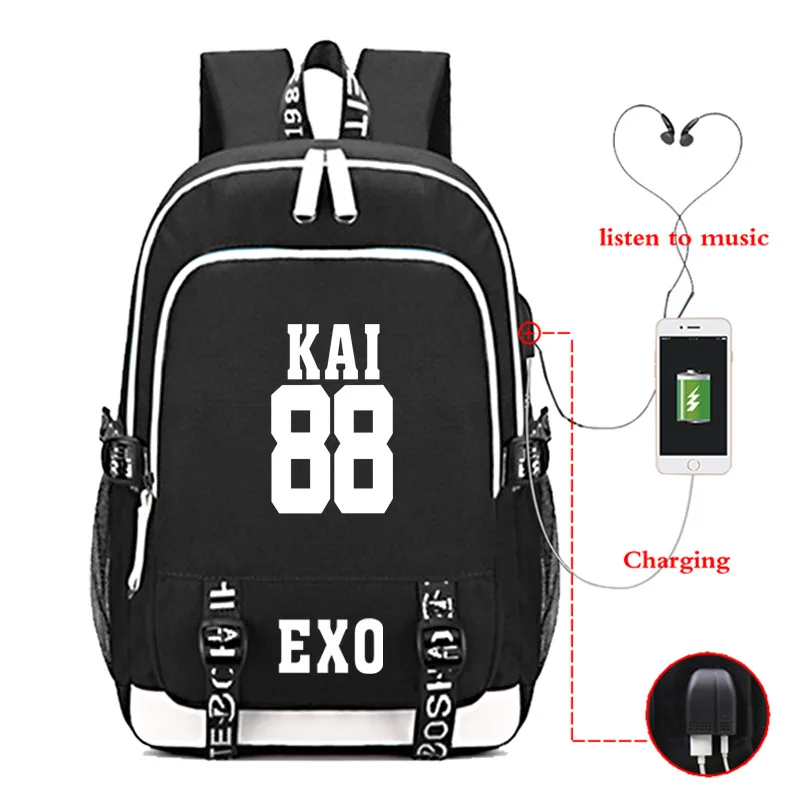 009 EXO напечатаны USB зарядное устройство рюкзаки для подростков мода на открытом воздухе путешествия Туризм Плечи сумка рюкзак - Цвет: 009
