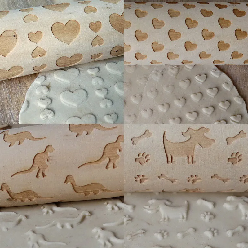 

1pc Christmas Reindeer Dog Cat Heart Embossing Rolling Pin Baking Cookies Biscuit Fondant Cake Dough Engraved Roller