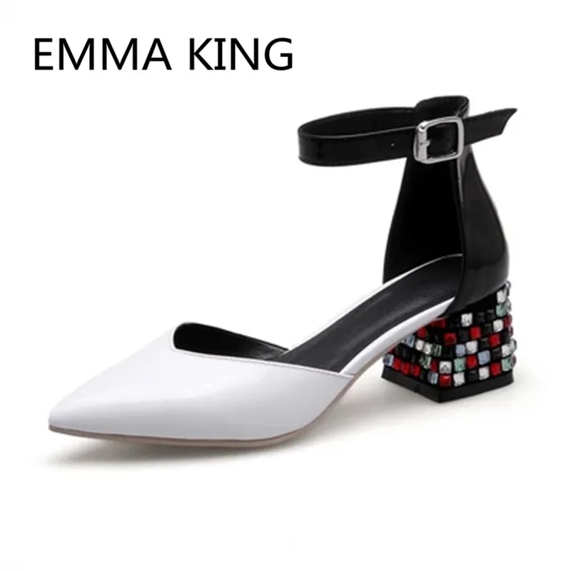 

New Design Crystal Studded Heel Pumps Women Pointed Toe Ankle Strap Ladies Party Wedding Shoes Woman Patent Leather Chunky Heels