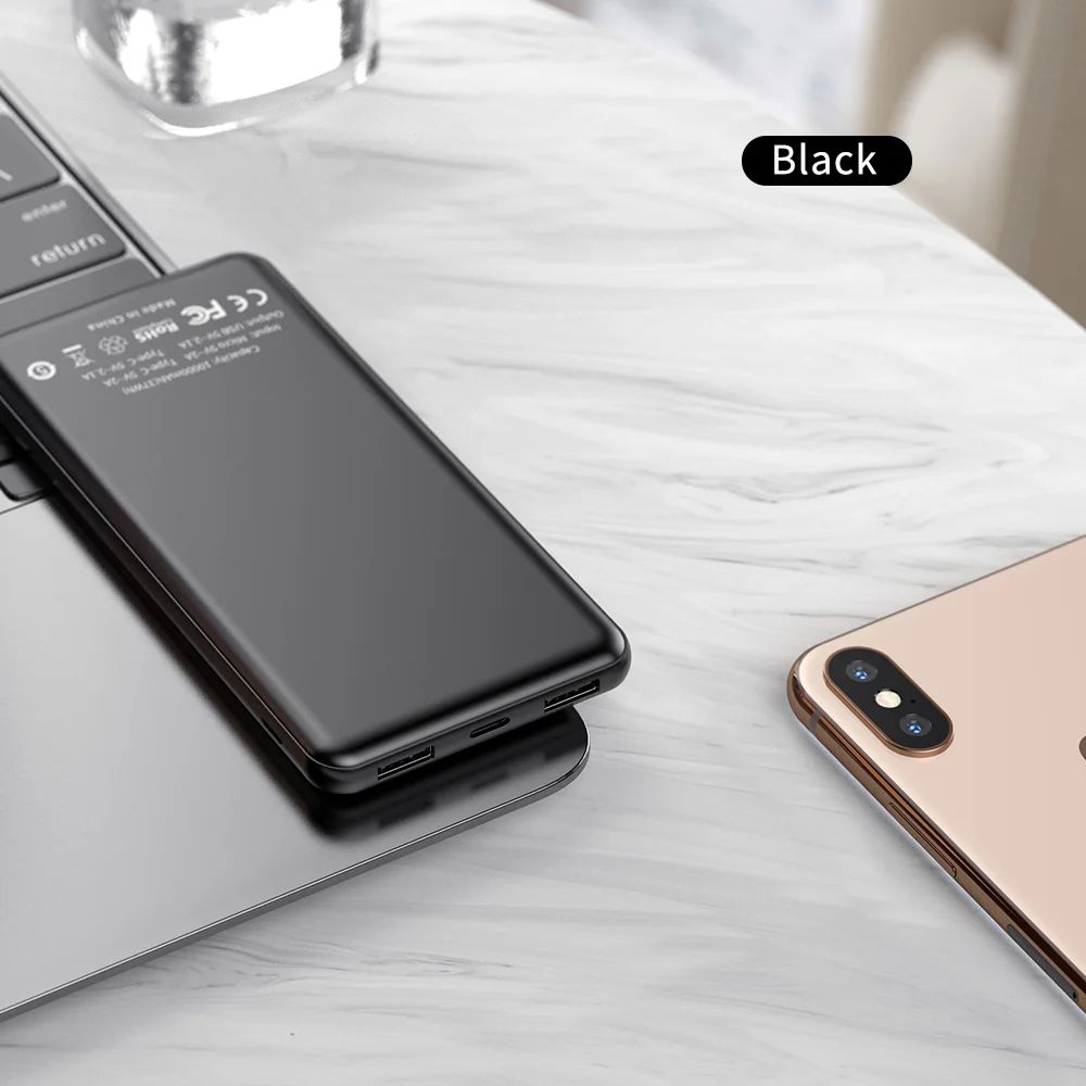 ROCK power Bank Ультратонкий внешний аккумулятор 10000 мАч портативное зарядное устройство Универсальный мобильный телефон внешний аккумулятор для samsung Xiaomi - Цвет: Черный