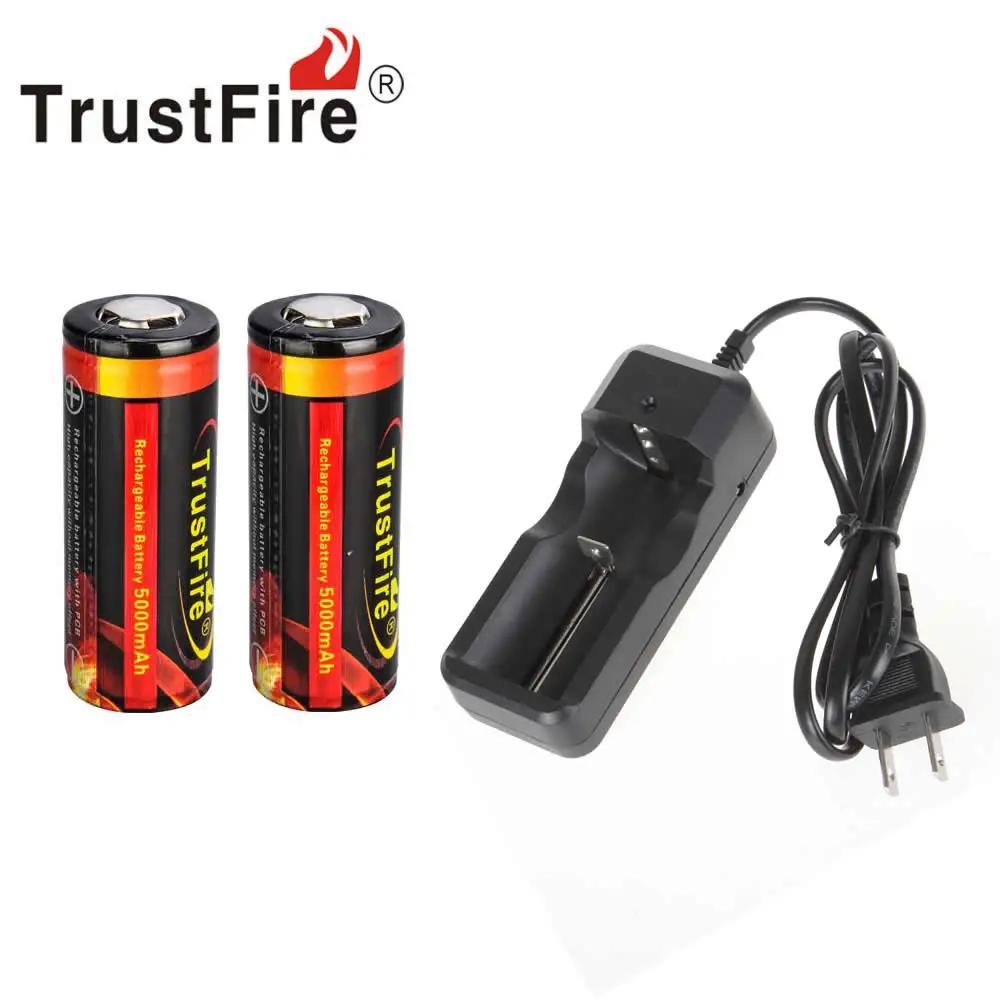 

2PCS TrustFire Genuine 26650 Protected 5000mAh 3.7V Li-ion Rechargeable Battery + Wired Universal Battery Charger