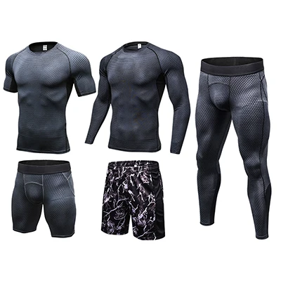 Yuerlian компрессионный Мужской комплект для бега, одежда для занятий спортом, бегунов, тренировок, тренажерного зала, спортивный костюм для мужчин - Цвет: 5pcs black