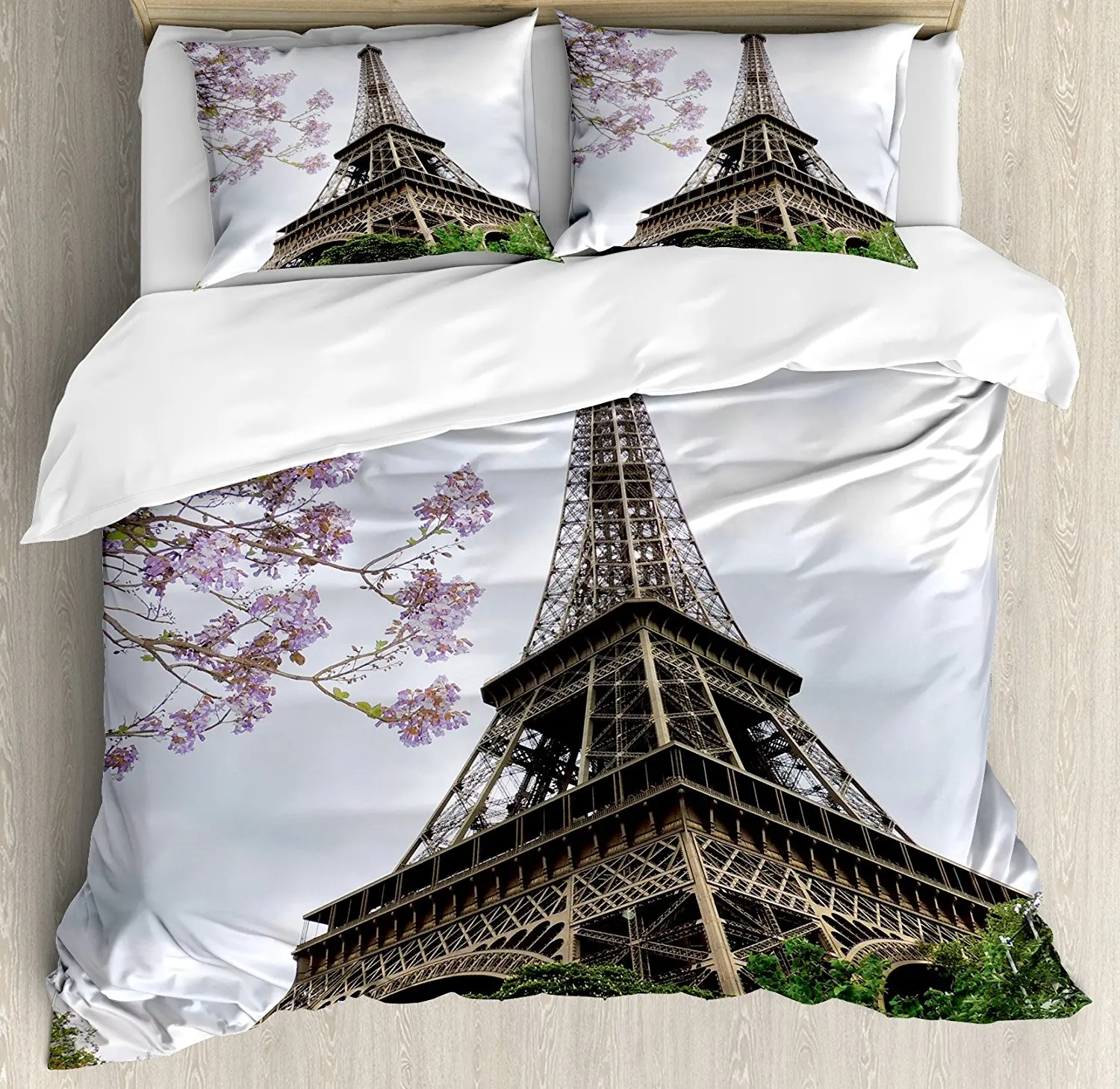 

Eiffels Tower Duvet Cover Set Eiffels Natural Flowers Colorful Blossoms Cloudy Sky Perspective Paris Print 4 Piece Bedding Set