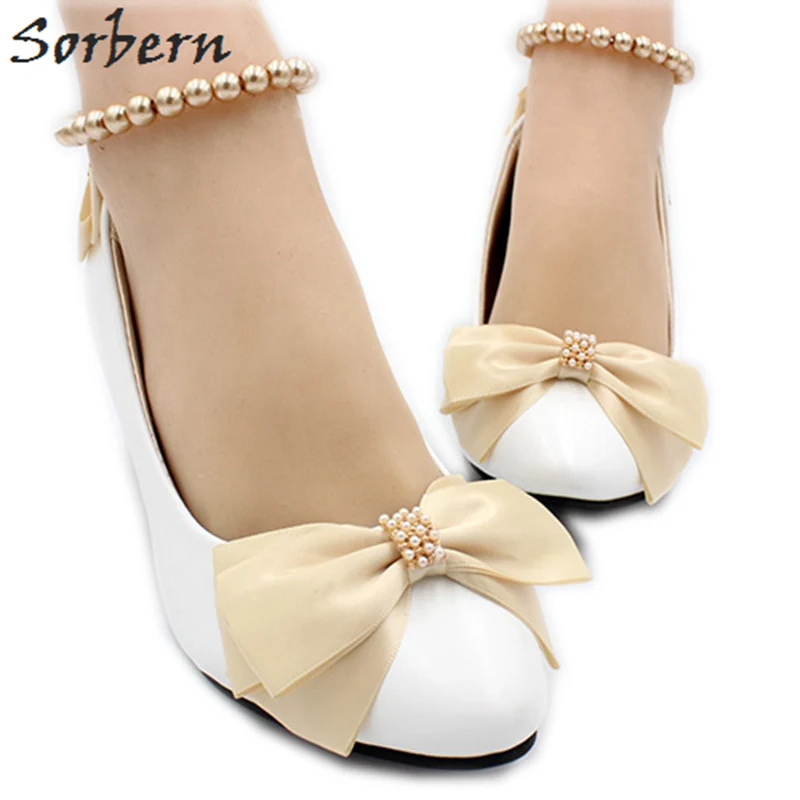 Sorbern Champagne Bow White Wedding Shoes Beading Ankle Straps Cheap