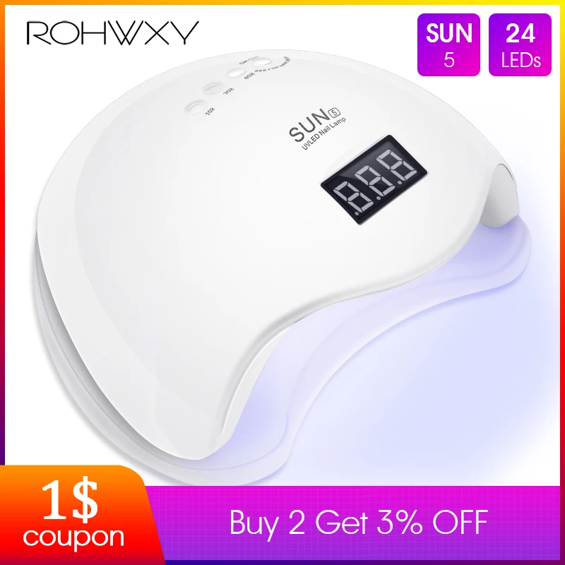 

ROHWXY SUN 5 Nail Dryer Lamp For Nail LED UV Lamp 48W Automatic Sensor LCD Time Display For Curing Gel Polish Manicure Tool