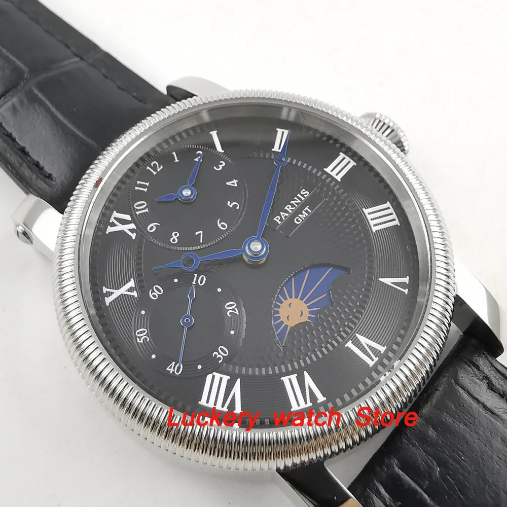 Часы Parnis 43 мм с черным циферблатом и кожаным ремешком Moon Phase GMT механические