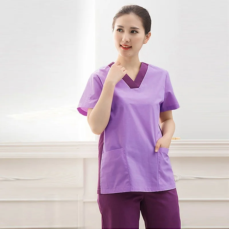 Women's Fashion Medical Scrubs Color Blocking Nursing Uniforms (Choose Scrub TOP/Pants/Whole Set) Pure Cotton Surgery Scrubs