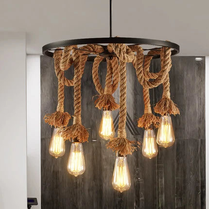 

American retro wrought iron hemp rope pendant lights round Wheel iron ceiling lamp E27 with Edison Bulbs for Cafe restaurant bar