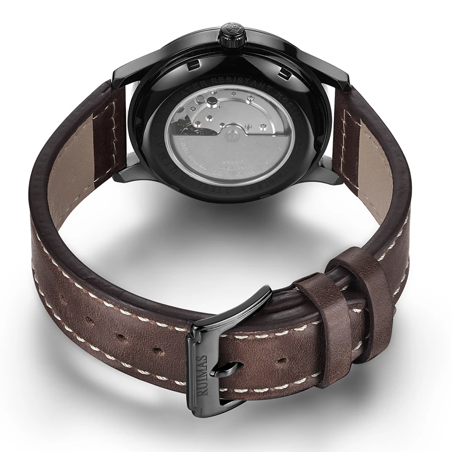 الأزياء اليابان التلقائي Movt ووتش الرجال حزام من الجلد الأعمال ساعات آلية RUIMAS الذكور ساعة المعصم Erkek كول الساعاتي