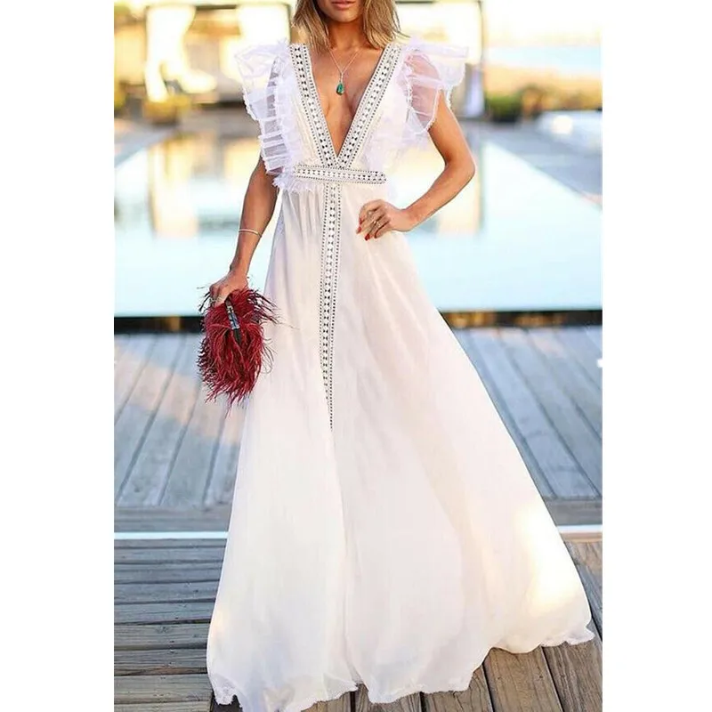 

Women's Summer Bohemian Style Lotus Leaf Sleeve Mesh Stitching Dress White Sexy Deep V-neck High Waist Openwork Embroider Dress