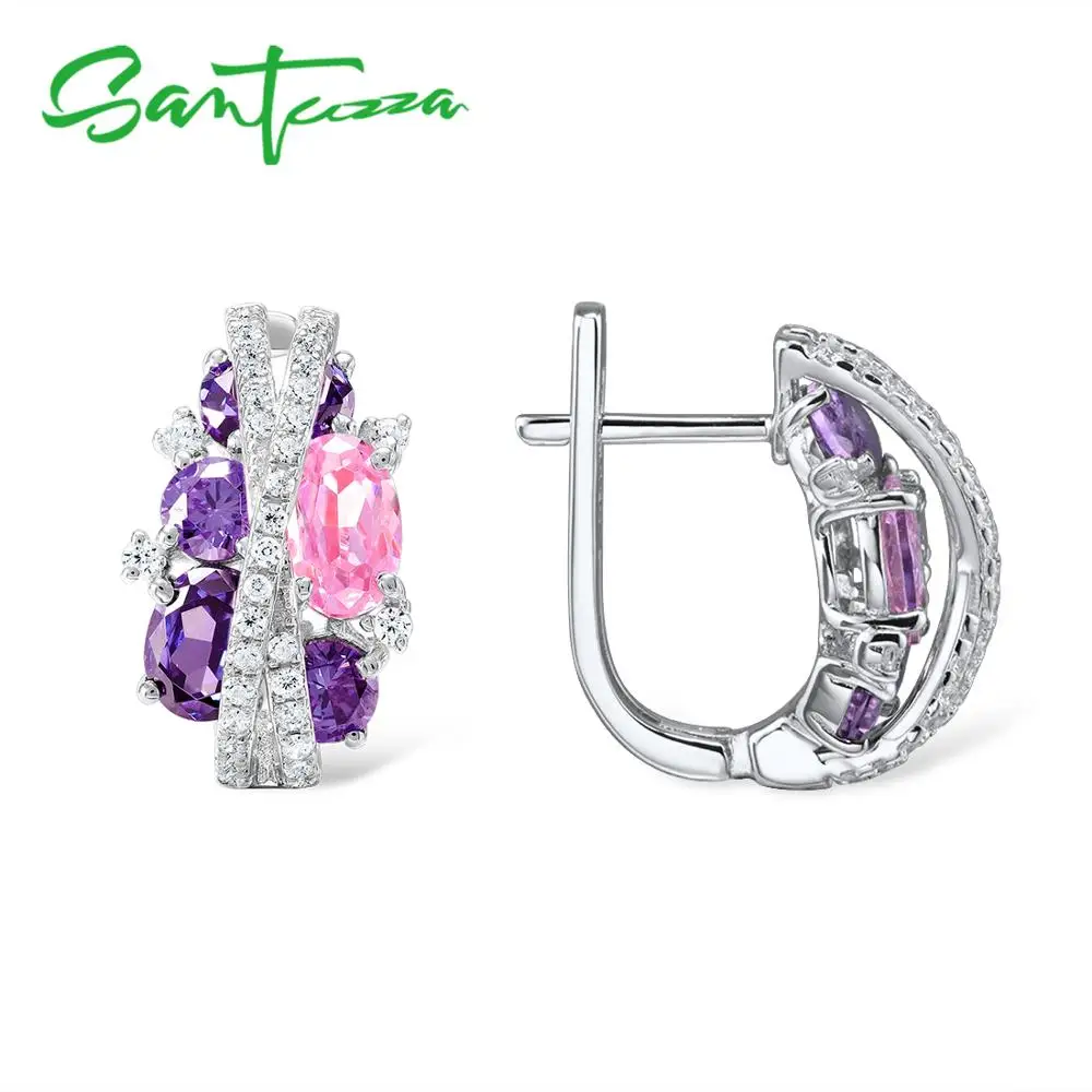 Baratos SANTUZZA pendientes de plata para mujer auténtica Plata de Ley 925 brillante amatista circonita Rosa серьги joyería fina