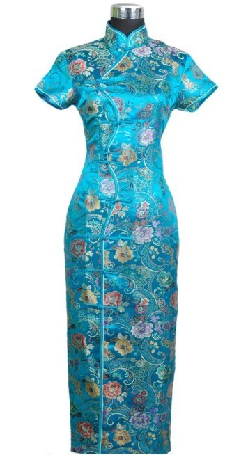 Винтаж зеленый китайский Для женщин традиционные атласное платье Cheongsam Qipao Топы корректирующие халат De Soiree цветок Размеры размеры S M L XL XXL, XXXL C0004 - Цвет: Blue