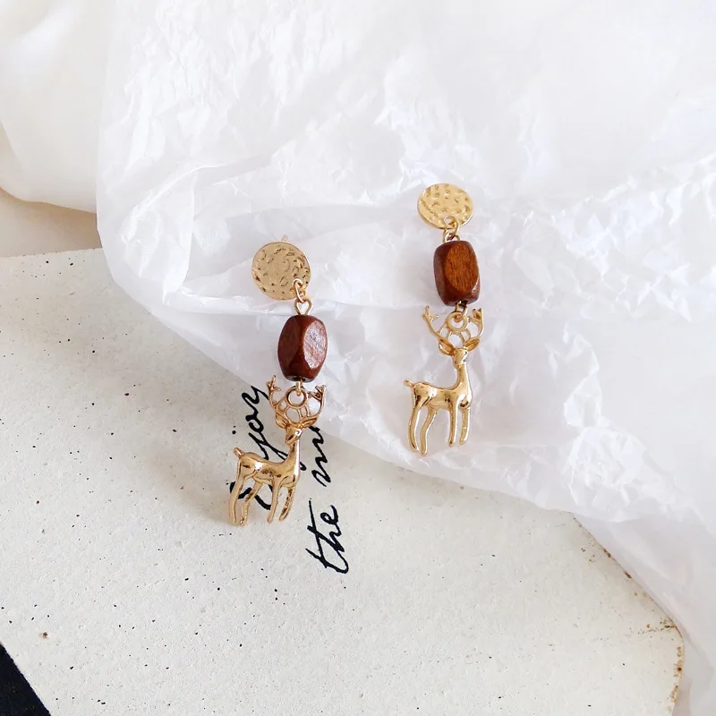 stud earings Винтажные деревянные бусины золотого цвета олень Brincos серьги олень клип серьги без пирсинга для девочек женские рождественские подарки - Окраска металла: stud earings