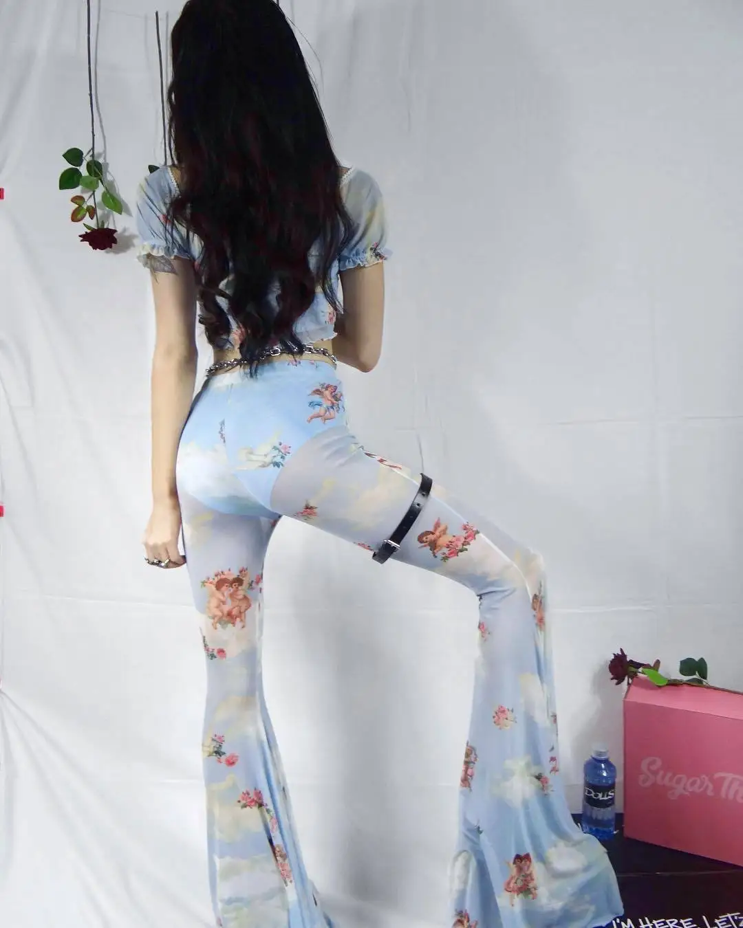 

Women Pants Cupid Printed Sexy Mesh Perspective Stitching Long Pants 2019 New Summer Casual Long Flared Trousers Female