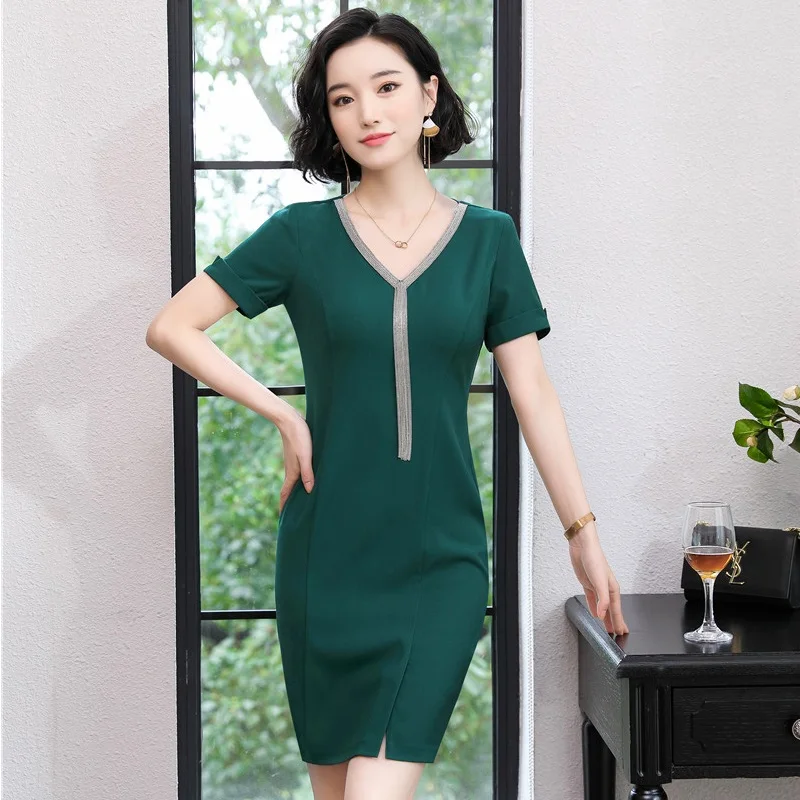

Slim Hips Fashion Summer Short Sleeve V-neck Dresses For Business Women Office Ladies Mini Dress Female Vestidos Beauty Salon