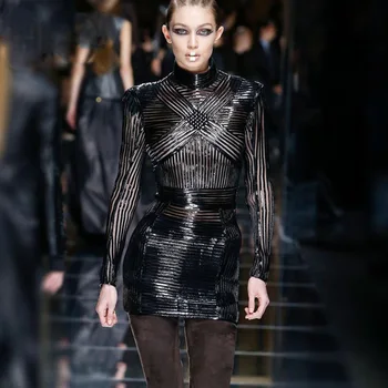 

2019 Chic Women Fashion Bodycon Dresses Sexy Black PU leather Patchwork Turtleneck Celebrity Evening Party Dress Vestidos