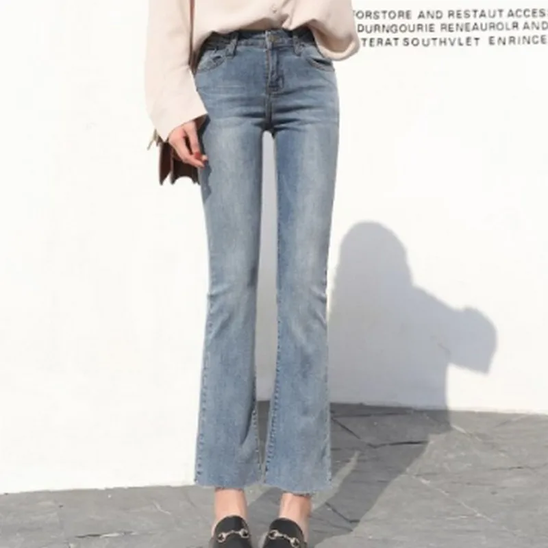 Spring Blue High Waist Jeans Woman 2019 New Korean Slim Fit Micro Flare Denim Pants Ladies Casual Vintage Wild Women | Женская одежда