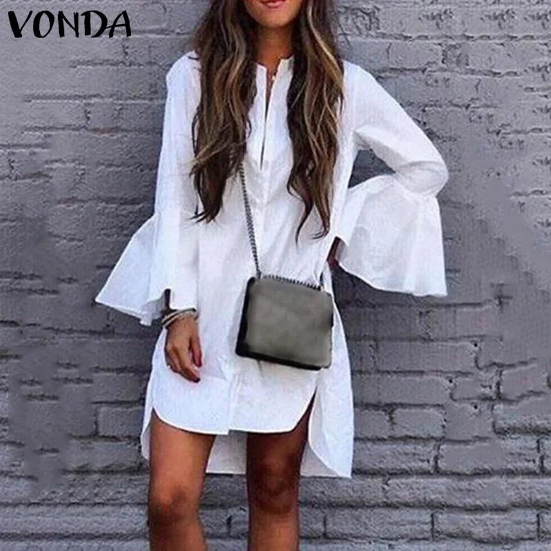 

Dress 2019 VONDA Summer Sexy V Neck Solid Color Long Trumpet Sleeve Dresses Vintage Plus Size Beach Party Sundress Robe Bohemian