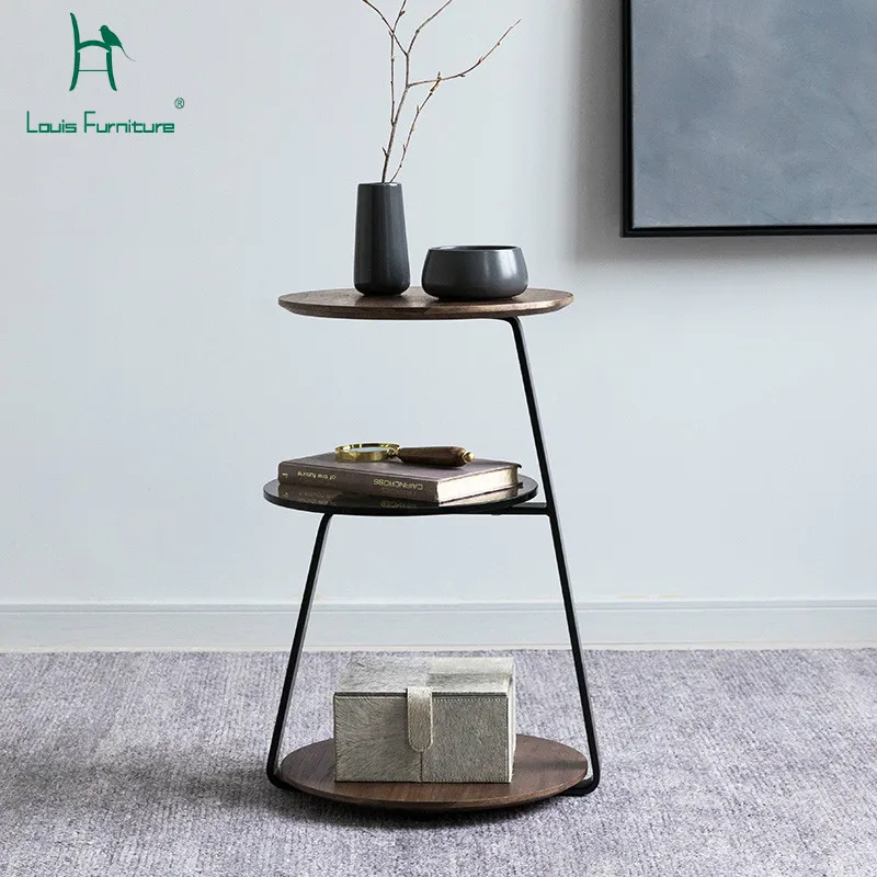

Louis Fashion Coffee Tables Nordic Corner Creative Walnut Round Three Layer Sofa Small Tea Small Iron Edge