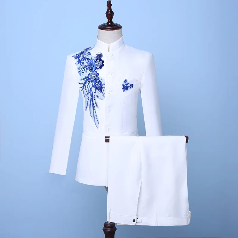 Осень, китайский стиль, белый, стоячий воротник, два предмета, мужской пиджак, костюмы, синий, с блестками, костюм жениха, костюмы(куртка+ штаны - Цвет: As Picture