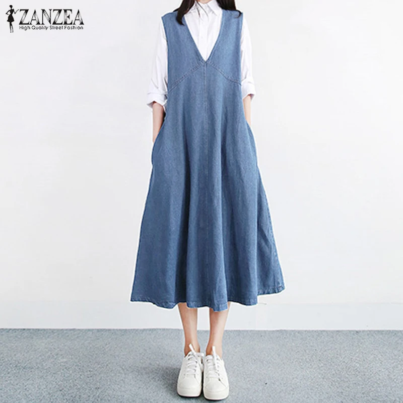 

2019 Summer Fashion ZANZEA Women Casual Strappy Sleeveless V Neck Denim Blue A-line Dress Solid Work Office Pleated Long Vestido