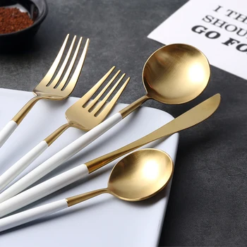 

20pcs KuBac Hommi Quality 18/10 Stainless Steel Knife Fork Christmas Dinnerware Set White Gold Cutlery Set Drop Shipping