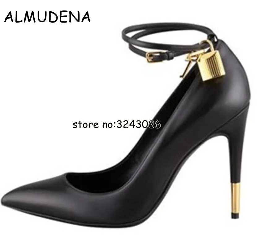 

Sexy Pointed Toe Gold Padlock Chain Ankle Strap Ladies High Heels Snakeskin Ladies Dress Shoes Women Patent Leather Pumps