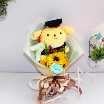 

2019 New Pom Pom dog plush Cute My Melody Doctorial hats cartoon flower Bouquet Stuffed Animal Dolls For Graduation gifts bears