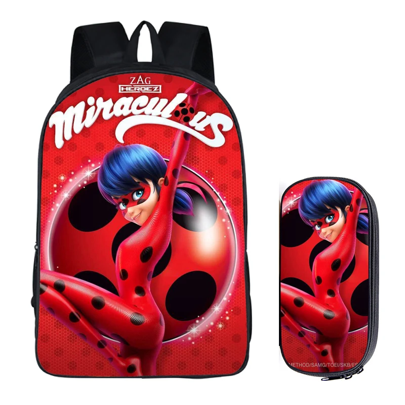 

16 inch Anime School Bag Miraculous Ladybug Marinette School Backpacks Cat Noir Backpack For Children Book Bag Pencil Bag Sets