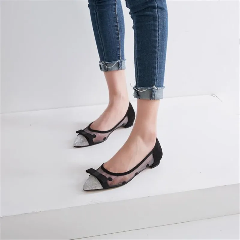 New 2019 Sexy Bow Pointed Toe Women Lace Flats Fashion Breathable Women Flat Summer Shoes Polka Dot Ladies Casual Ballet Flats (12)