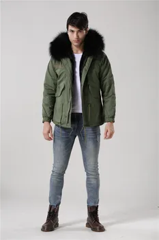 

Fashion men black fur inside jacket raccoon fur collar hood army green coats Mr furs jacket