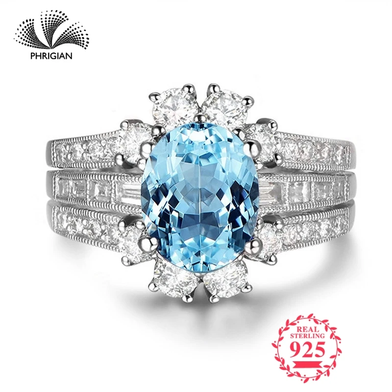 

NOT FAKE Fine Engraving Ring S925 Sterling silver Gemstone oval cut ring Women custom jewelry 925 carat Blue TOPAZ RING