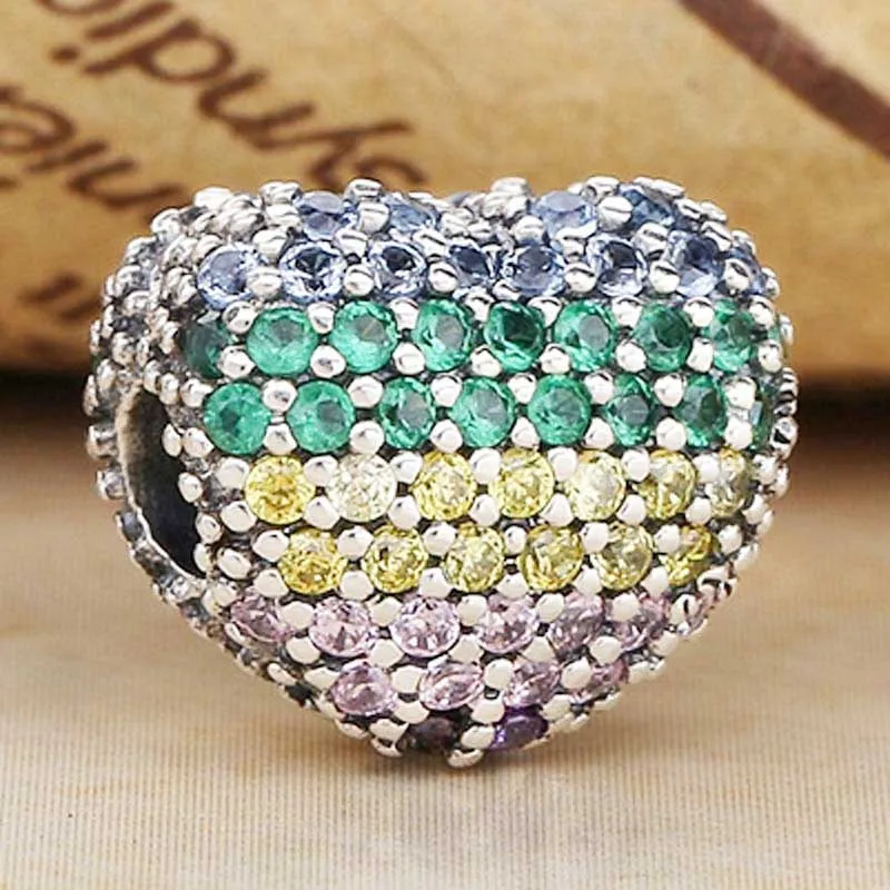 

New Pave Rainbow Open My Heart Clip Lock Stopper Beads Fit Pandora Bracelet Bangle DIY Jewelry 925 Sterling Silver Bead Charm