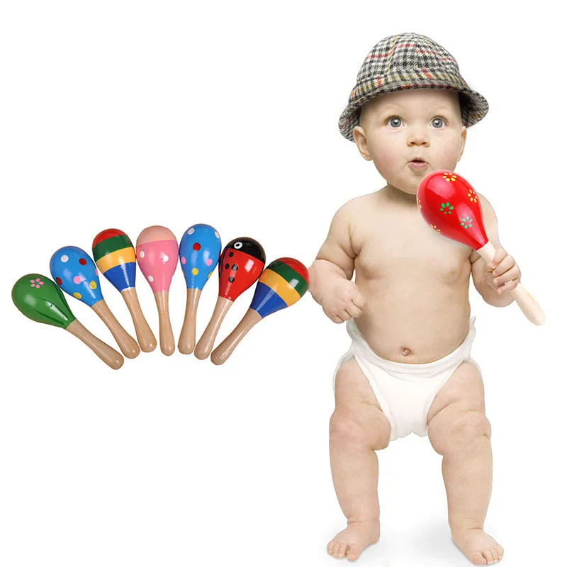 Colorful Kids Wooden Ball Rattle Toy Sand Hammer Rattle Learning