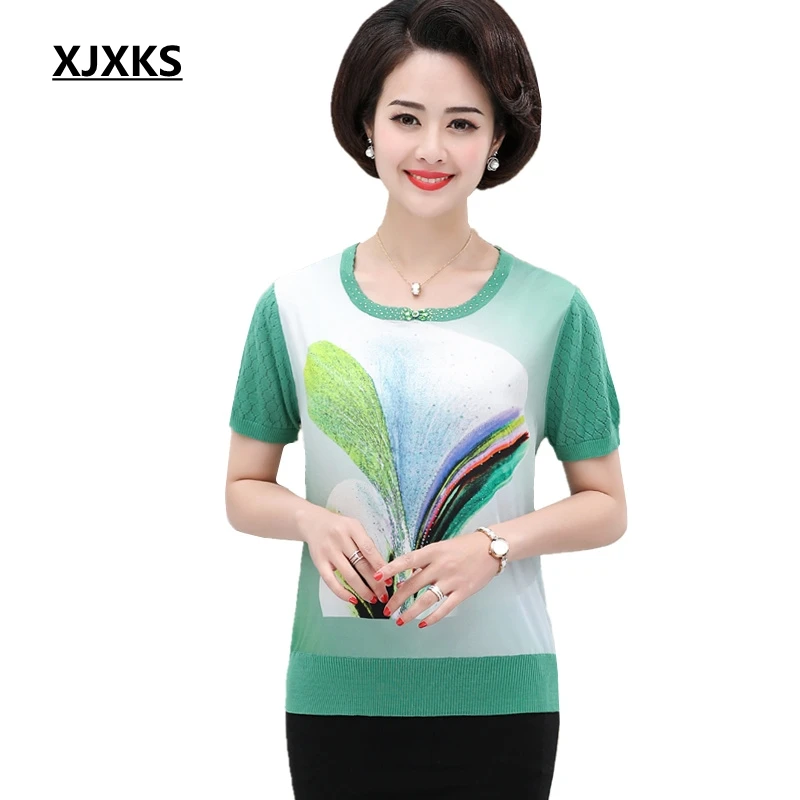 

XJXKS Middle-aged Women Clothes 2019 Print Summer Top Camisas Mujer Knit Tee Shirt Femme Plus Size T Shirt Women Tops