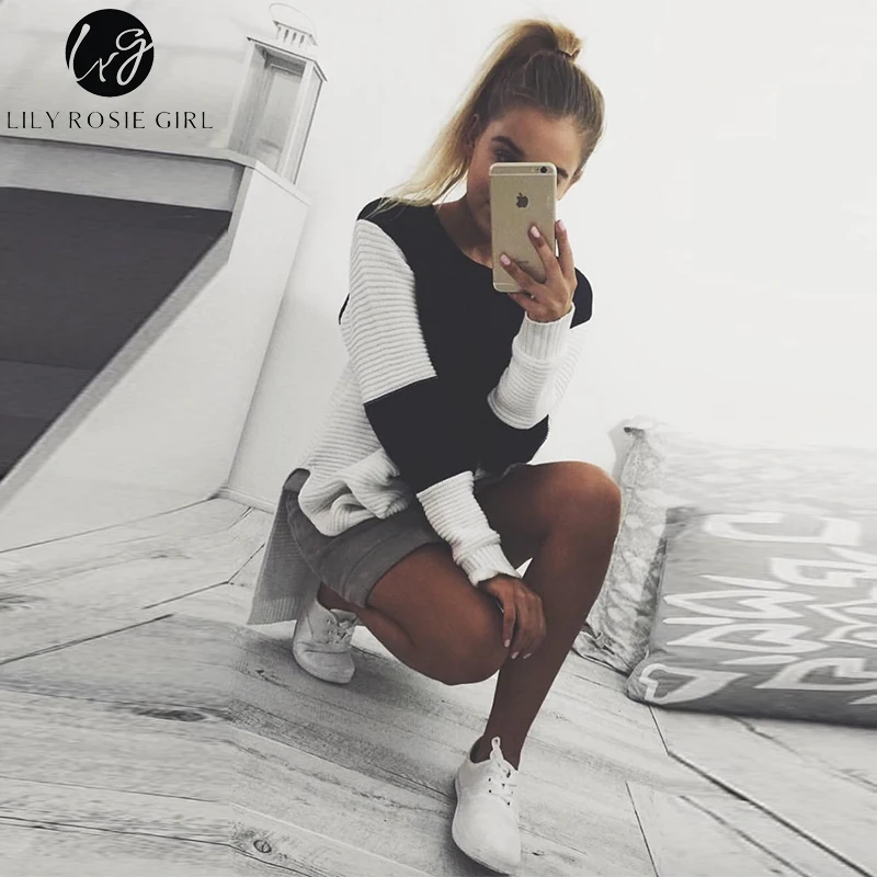 Lily Rosie Girl хаки белый лоскутный вязаный женский свитер с круглым вырезом длинный