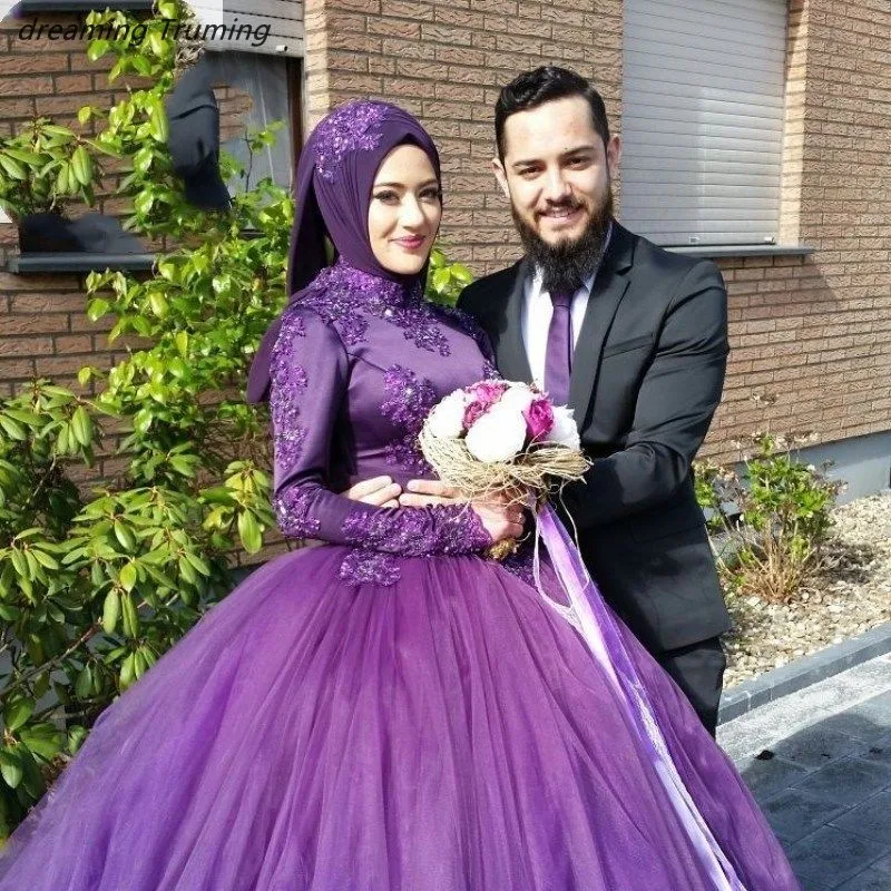 Мусульманские платья для выпускного вечера из Саудовской Аравии, с длинными рукавами, с высоким воротом, фиолетовые кружевные аппликации, украшенные бисером, вечерние платья в Дубае