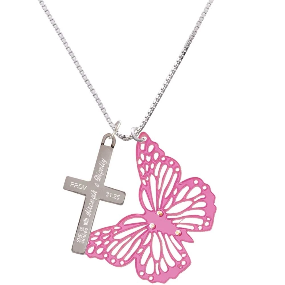 Acrylic Cut Out Butterfly Mirror Pink - Strength and Dignity - Cross Necklace