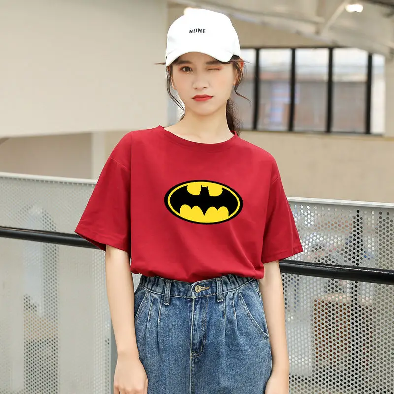 Летние новые женские повседневные футболки с коротким рукавом из хлопка Harajuku Kawaii Batman с принтом из мультфильма Топы уличная футболки tumblr рубашка Femme - Цвет: Красный