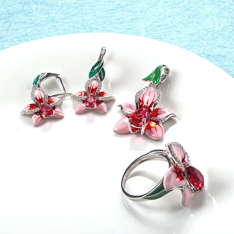 2018 New Pink Enamel silver orchid Jewelry Set (stub Earrings Pendant ring) Authentic 925 Sterling Silver Jewelry DIY Making (7)