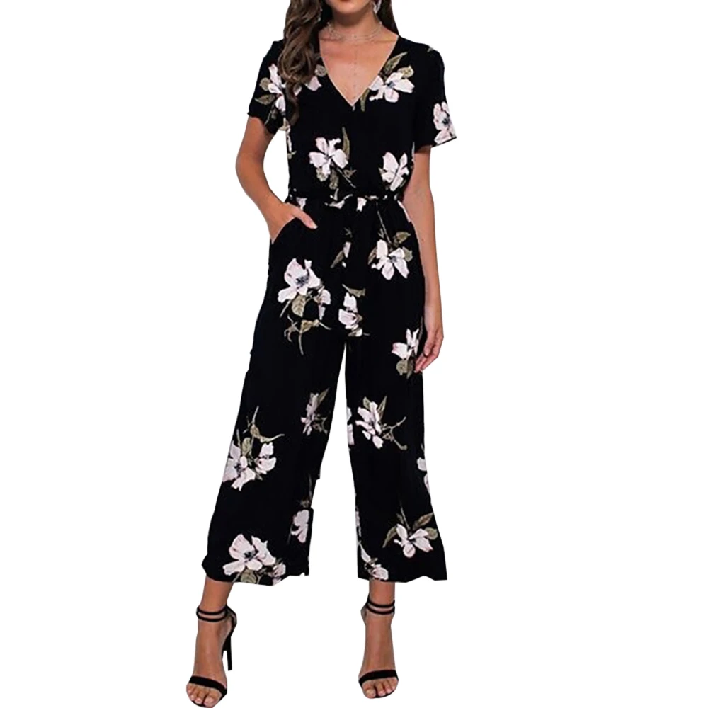 مكتب سيدة إمرأة Playsuit 4 اللون العميق V الرقبة ضئيلة الصلبة ارتداءها حزب بذلة رومبير الشيفون طويلة واسعة الساق السراويل clubwear